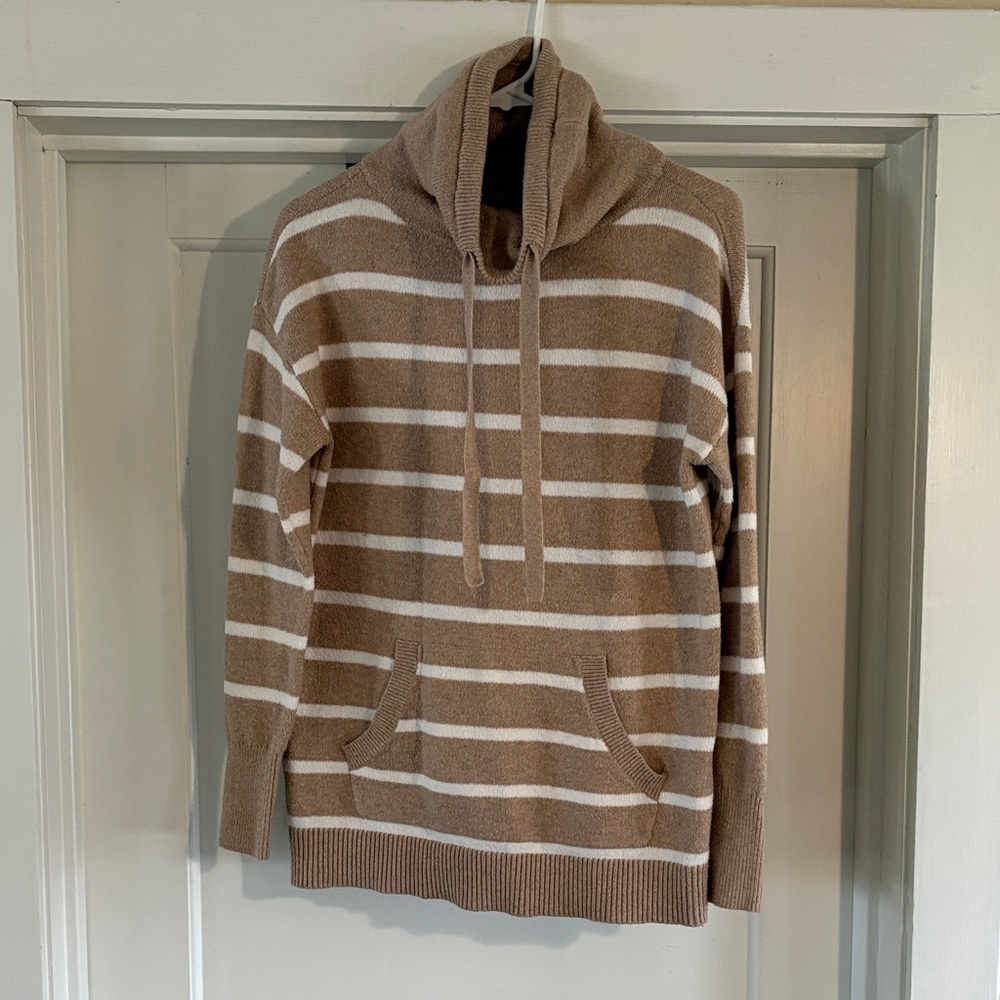 LOFT Tan and White Striped Cowl Neck Sweater